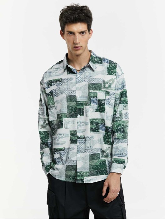 Colorblock Printed Long-Sleeve Shirt