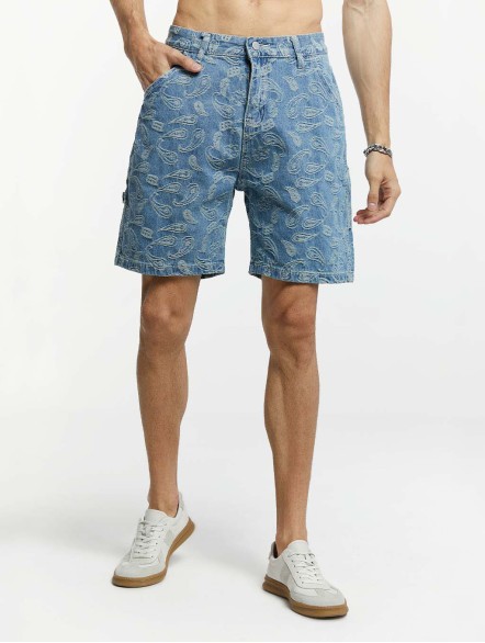 Cashew Flower Print Denim Shorts