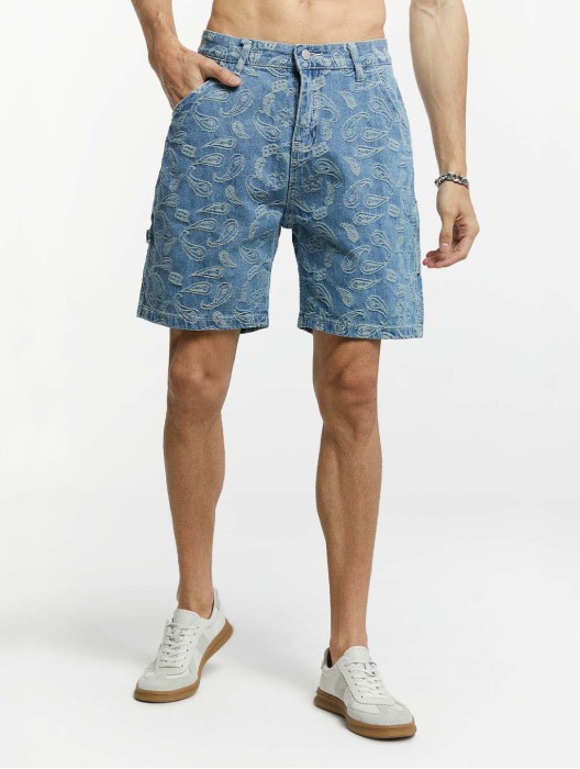 Cashew Flower Print Denim Shorts