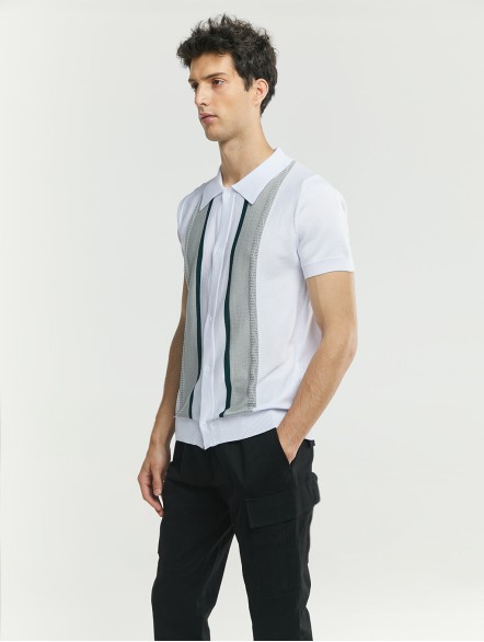 Button-Up Stripe Polo Shirt