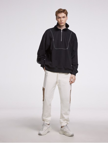 Half-Zip Sweatshirt With Patched Arm Slits