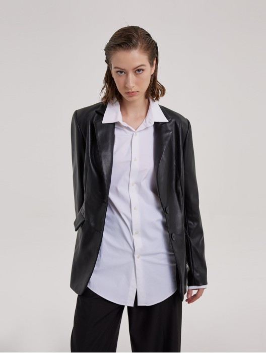 Single-Breasted Faux Leather Blazer