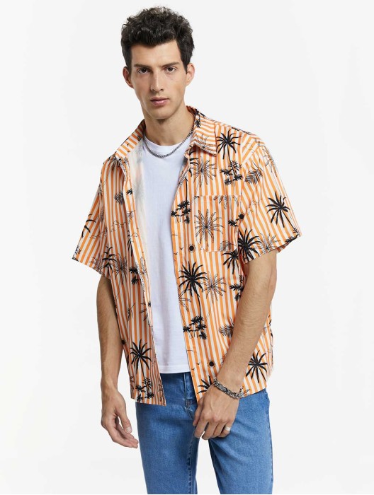 Coconut Tree Print Striped Shirt