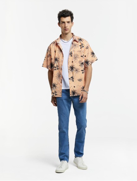 Coconut Tree Print Striped Shirt