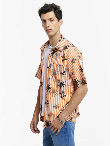 Coconut Tree Print Striped Shirt