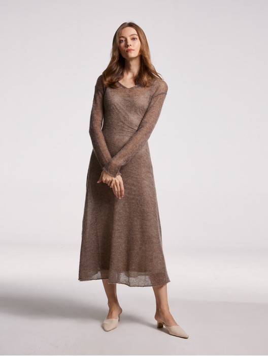 Midi Overlay Camel Hair-wool Blend Dress