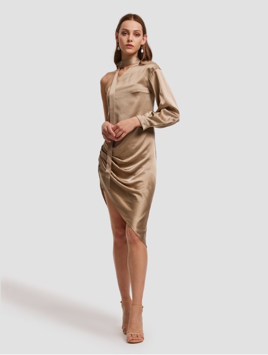 Asymmetric Sleeve Silk Dress