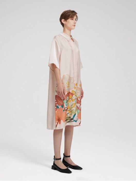 Floral Print Silk Short Sleeve Shirt Dress