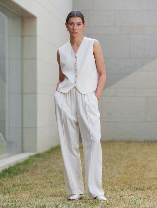 Button Front Linen Blend Vest & Pants Set