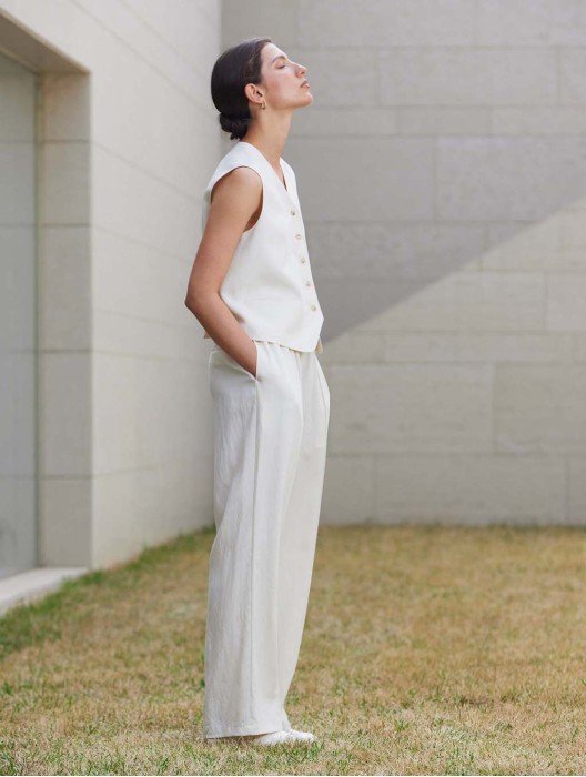 Button Front Linen Blend Vest & Pants Set