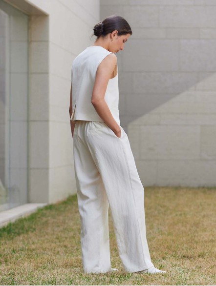 Button Front Linen Blend Vest & Pants Set