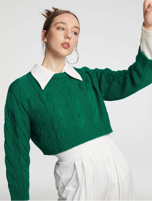 Crewneck Cropped Cable-knit Sweater