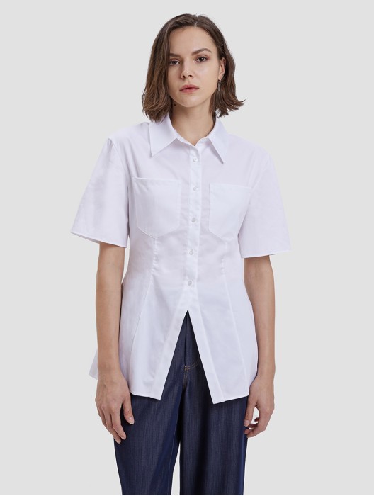 Short Sleeves Gathered-waist Shirt