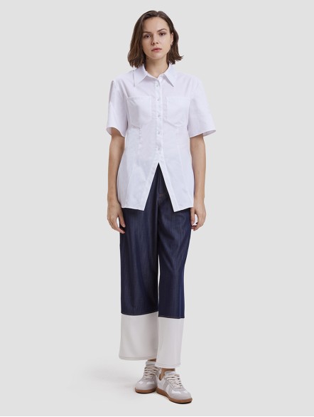 Short Sleeves Gathered-waist Shirt