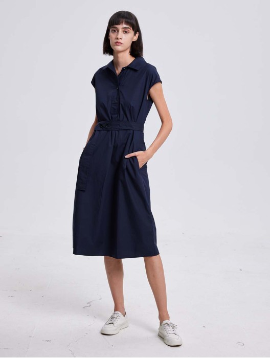 Buttoned-Waist-Belt Shirt Dress