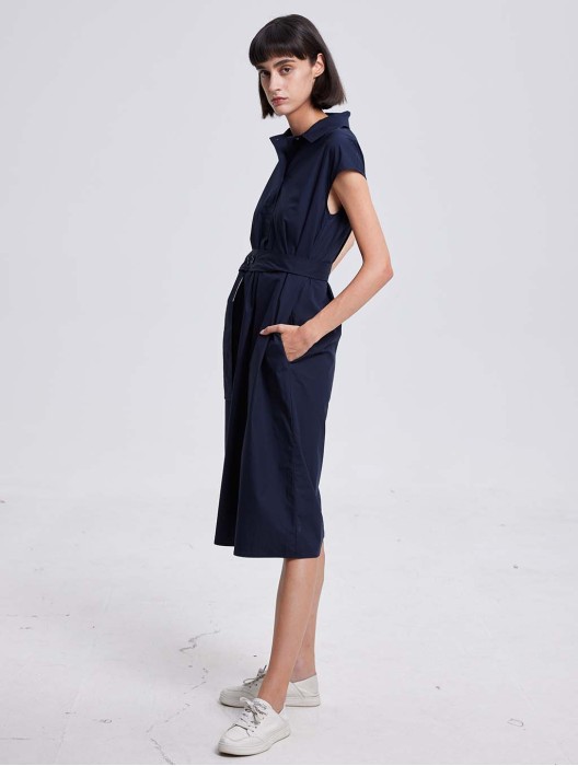 Buttoned-Waist-Belt Shirt Dress