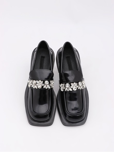 Black rhinestone small leather shoes