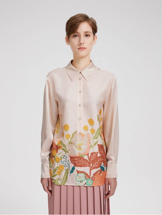 Floral Print Silk Gathered-waist Shirt