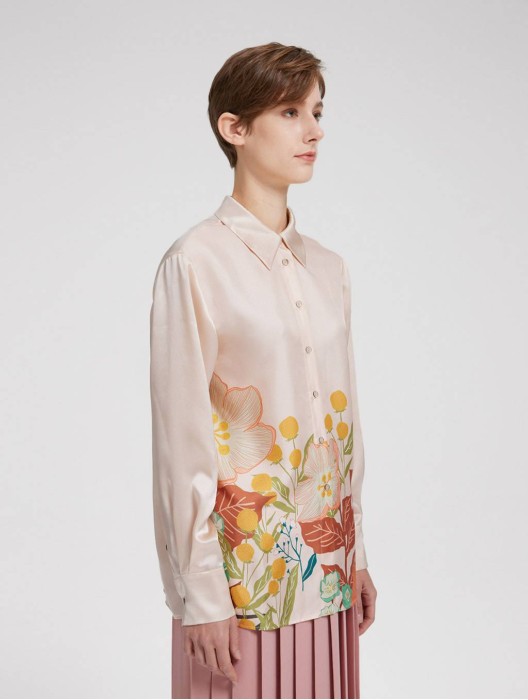 Floral Print Silk Gathered-waist Shirt