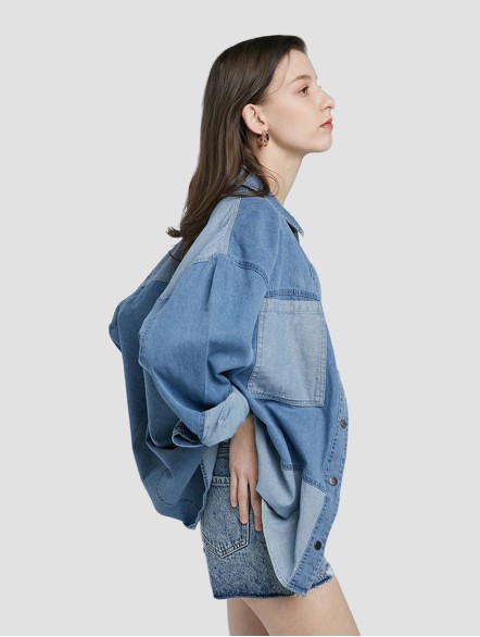 Patchwork Long-Sleeve Denim Shirt