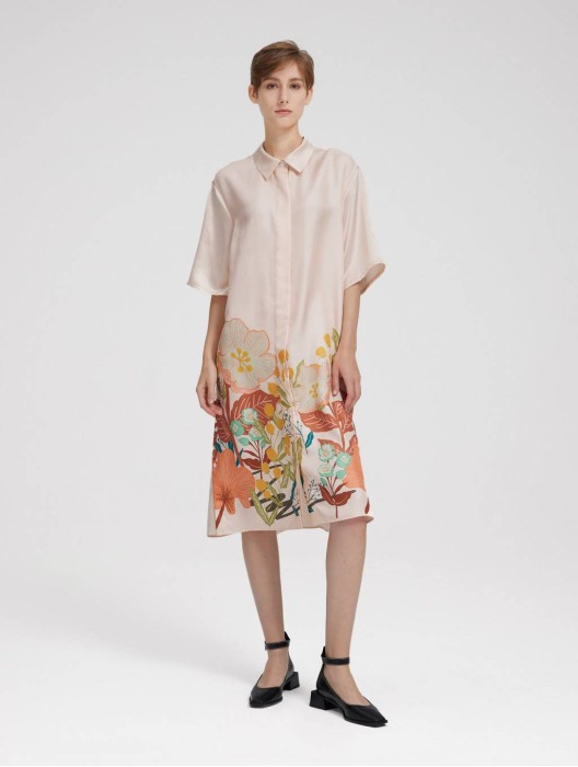 Floral Print Silk Short Sleeve Shirt Dress