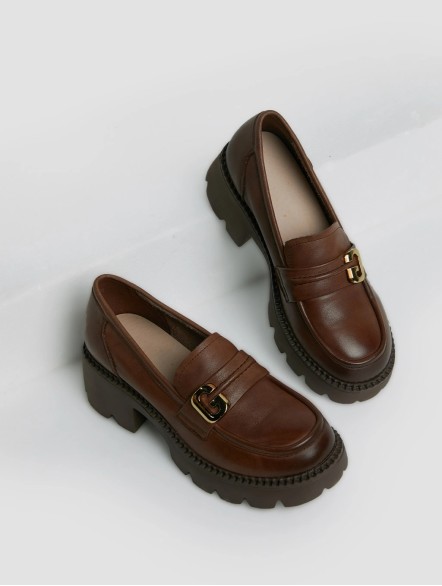 Metal Buckle Leather Platform Loafers