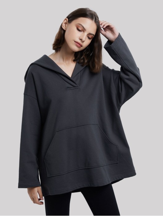 Cotton V-neck Boxy Hooded Sweatshirt