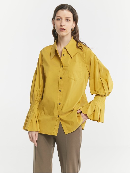 Flounce-Sleeve Cotton Shirt