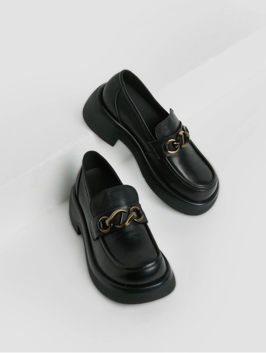 Leather Chunky Heel Metal Buckle Loafers