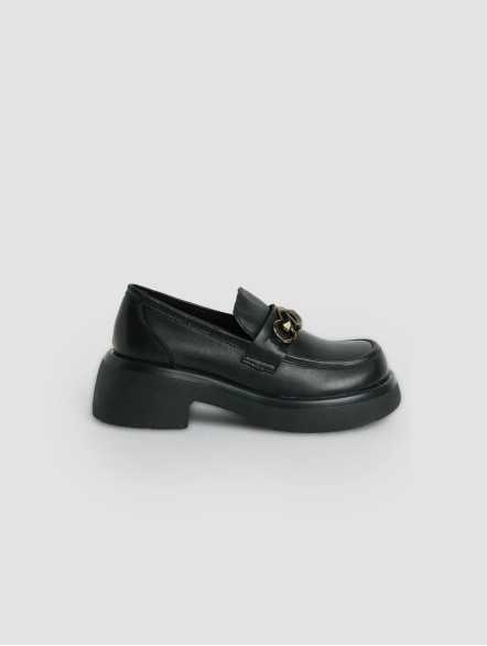 Leather Chunky Heel Metal Buckle Loafers