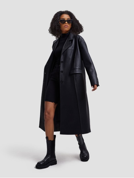 Faux Leather Coat with Pinched Pleats