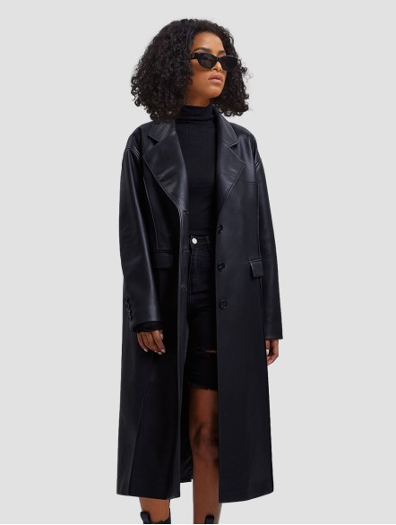 Faux Leather Coat with Pinched Pleats