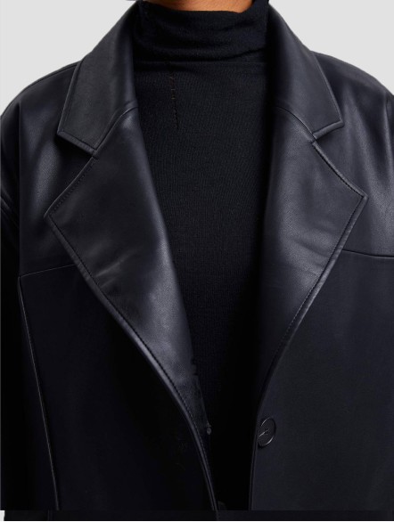 Faux Leather Coat with Pinched Pleats